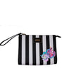 BJ Wristlet Clutch Black White Stripe Floral Rose Cosmetic Bag