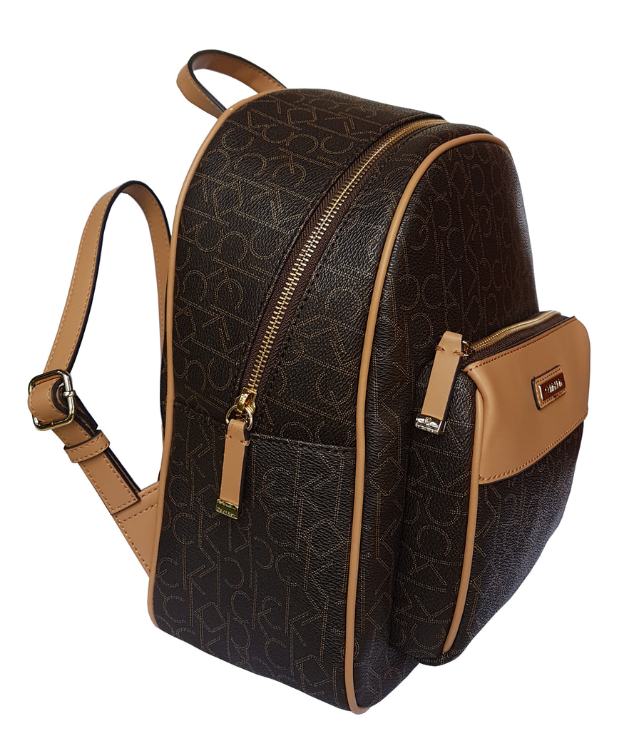 Calvin Klein Women's CK Signature Backpack Luggage Bag Brown Khaki  Gold Logo