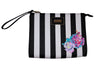 BJ Wristlet Clutch Black White Stripe Floral Rose Cosmetic Bag